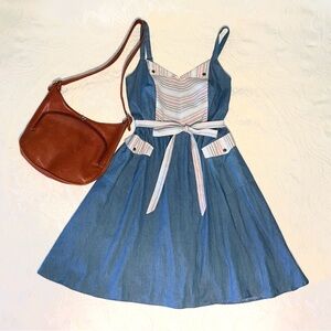 💙 ModCloth 70s vintage style chambray sundress 100% cotton w/ belt & pockets! 💙